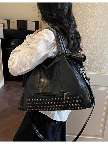 Vintage PU Leder Große Tote Bag Mit Nieten Und Quasten Für Damen Casual Travel Schultertasche Commuter Shopping Handtasche