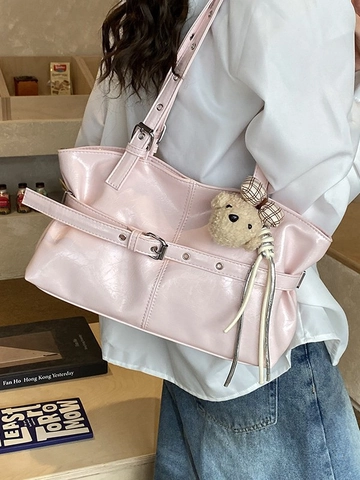 Borsa Tote in Pelle Sintetica Lucida da Donna Grande Capacità Borsa a Tracolla con Ciondolo a Forma di Orsetto di Peluche Moda Impuntura