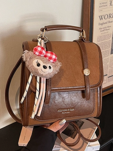 Damen Retro Kontrastfarbe Kunstleder Rucksack Lässig Kleiner Student Schultasche Mit Plüsch Anhänger Reise Daypack
