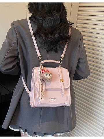 Damen Retro Kontrastfarbe Kunstleder Rucksack Lässig Kleiner Student Schultasche Mit Plüsch Anhänger Reise Daypack