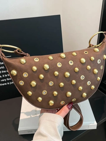 Mode Dames PU Lederen Maan Tas Met Gouden Klinknagels Metalen Ring Handvat Onderarm Crossbody Schoudertas Voor Dagelijks
