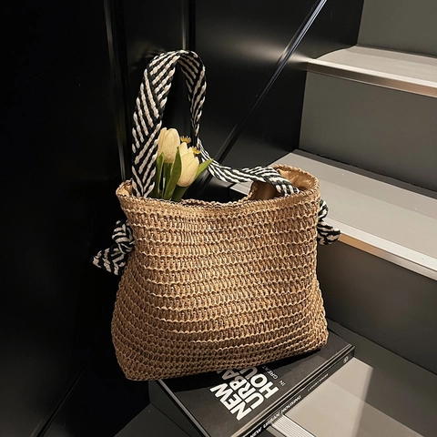 Borsa Tote in Paglia Intrecciata Estiva da Donna Grande Capacità Borsa a Tracolla da Spiaggia Con Tracolla a Righe Fiocco