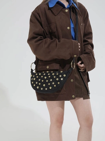 Mode Dames PU Lederen Maan Tas Met Gouden Klinknagels Metalen Ring Handvat Onderarm Crossbody Schoudertas Voor Dagelijks