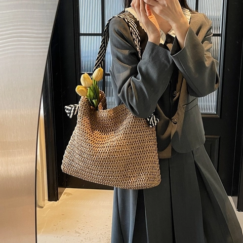 Borsa Tote in Paglia Intrecciata Estiva da Donna Grande Capacità Borsa a Tracolla da Spiaggia Con Tracolla a Righe Fiocco