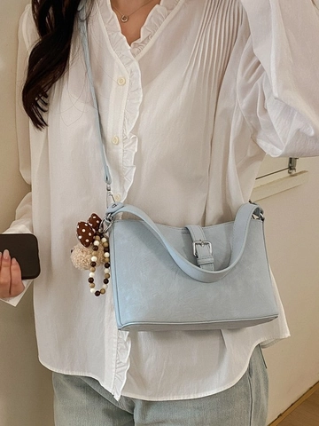 Borsa a Tracolla a Secchiello in Pelle PU Minimalista da Donna Borsa a Mano a Tinta Unita con Ciondolo a Forma di Orsetto