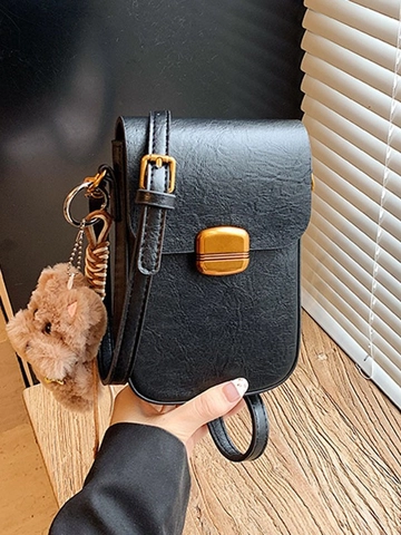 Vintage PU Leder Umhängetasche Handytasche Für Damen Mit Plüschbär Anhänger Retro Litschimuster Kleine Schultertasche
