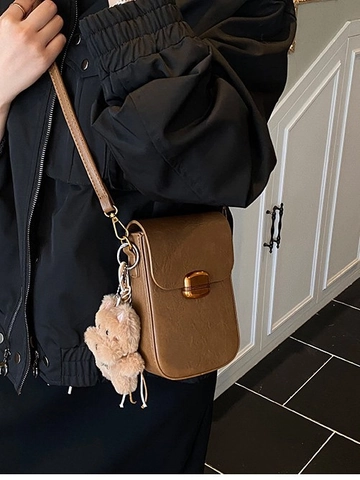 Vintage PU Leder Umhängetasche Handytasche Für Damen Mit Plüschbär Anhänger Retro Litschimuster Kleine Schultertasche
