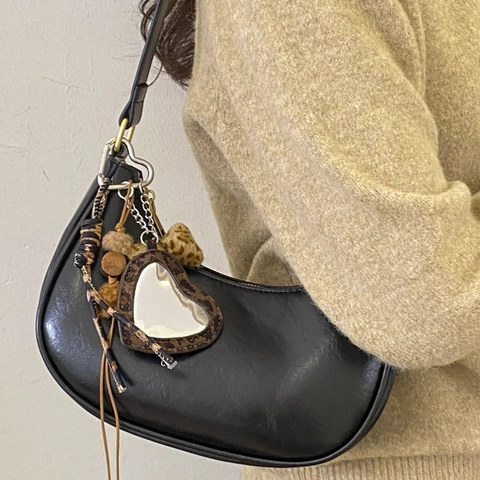 Borsa a Spalla Hobo Vintage in Pelle Sintetica per Donna Borsa Sottobraccio Dumpling Tinta Unita Con Ciondolo a Specchio