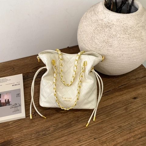 Minimalist Quilted Synthetic Leather Bucket Bag For Women Diamond Pattern Chain Shoulder Crossbody Bag High-End Handbag