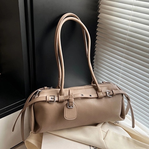 Borsa a Spalla Donna Retrò alla Moda in Pelle Sintetica Lychee Baguette con Fibbie Decorative Grande Capacità Sottobraccio
