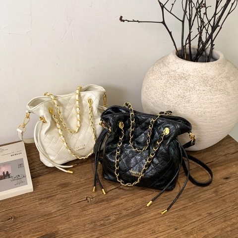 Minimalist Quilted Synthetic Leather Bucket Bag For Women Diamond Pattern Chain Shoulder Crossbody Bag High-End Handbag