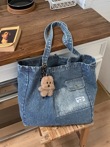 Große Kapazität Denim Canvas Tote Bag Für Damen Vintage Gestreift Umhängetasche Mit Plüschbär-Anhänger Casual Alltags Schultasche