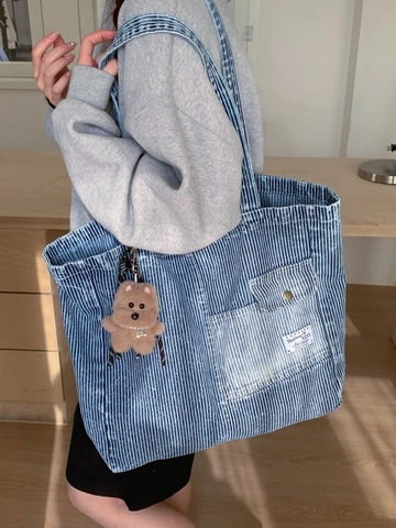 Große Kapazität Denim Canvas Tote Bag Für Damen Vintage Gestreift Umhängetasche Mit Plüschbär-Anhänger Casual Alltags Schultasche