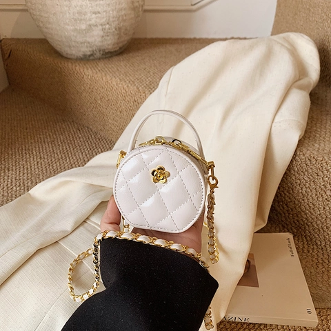 Women Mini Round Crossbody Bag Quilted Camellia Decor Chain Strap Shoulder Bag Synthetic Leather Fashion Small Purse