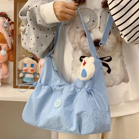 Grote Dames Crossbodytas Geplooid Nylon Schoudertas Koreaanse Stijl Met Schattige Pluche Konijnenhanger Voor School Dagelijks