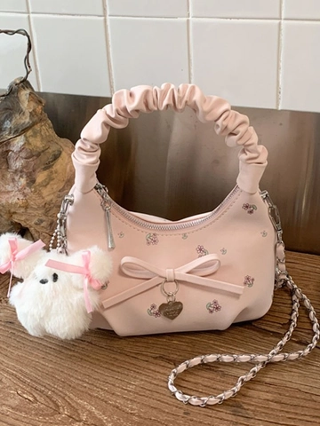 Sac à Main Vintage en Similicuir PU à Imprimé Floral avec Nœud Pendentif Cœur Poignée Plissée Sac Bandoulière avec Lapin en Peluche