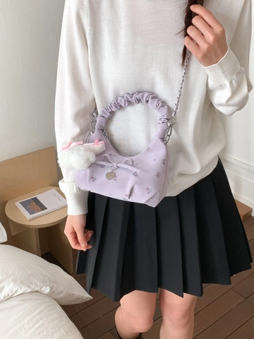 Sac à Main Vintage en Similicuir PU à Imprimé Floral avec Nœud Pendentif Cœur Poignée Plissée Sac Bandoulière avec Lapin en Peluche