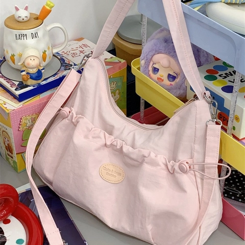 Grote Dames Crossbodytas Geplooid Nylon Schoudertas Koreaanse Stijl Met Schattige Pluche Konijnenhanger Voor School Dagelijks