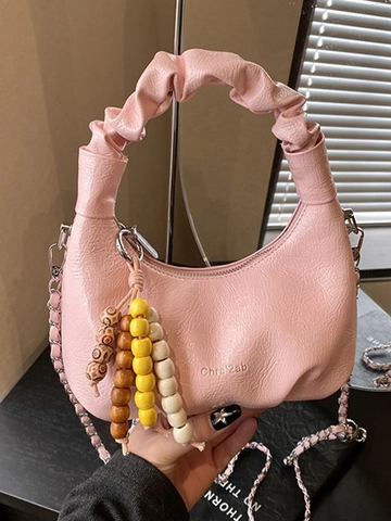 Women Ruched Handle Crossbody Bag With Metal Chain And Colorful Bead Charm Vintage Metallic PU Leather Small Tote Handbag