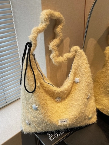 Women Large Capacity Plush Tote Bag Sherpa Fleece Star Patch Shoulder Crossbody Bag Casual Commuting Travel Handbag