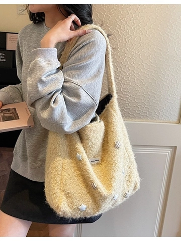 Women Large Capacity Plush Tote Bag Sherpa Fleece Star Patch Shoulder Crossbody Bag Casual Commuting Travel Handbag