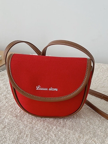 Vintage Women Canvas PU Leather Patchwork Saddle Bag Casual Crossbody Shoulder Bag With Contrast Color Letter Embroidery