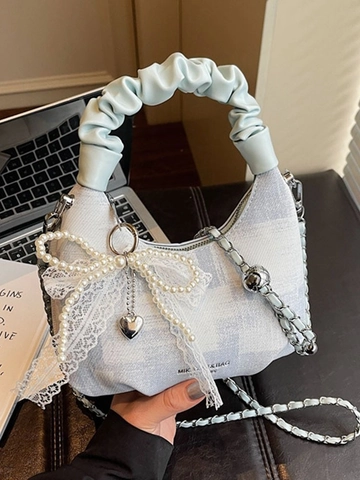 Sac à Main Style Coréen Femme Anse Plissée Sac Croissant Dentelle Perle Coeur Charme Sac Bandoulière Décontracté en Cuir PU