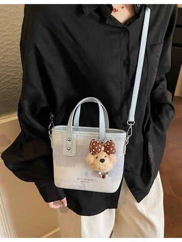 Moda Donna Nicchia Borsa a Secchiello in Pelle PU Stile Coreano Versatile Borsa a Tracolla Con Simpatico Ciondolo Orsetto di Peluche Quotidiano