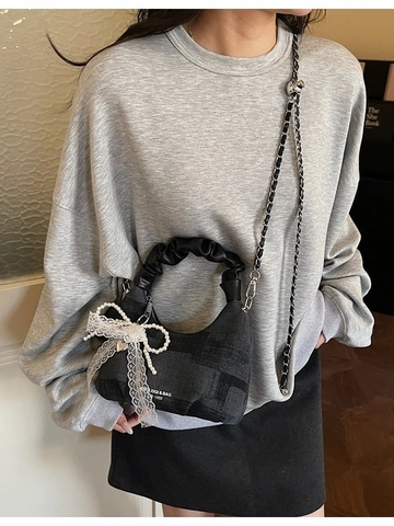 Sac à Main Style Coréen Femme Anse Plissée Sac Croissant Dentelle Perle Coeur Charme Sac Bandoulière Décontracté en Cuir PU