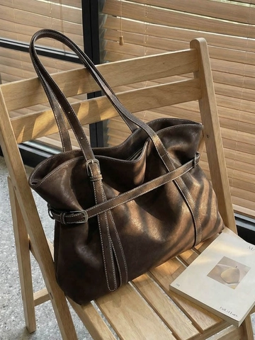 Vintage Large Capacity Suede Tote Bag For Women Retro Contrast Stitching Shoulder Bag Slouchy Commuter Office Handbag