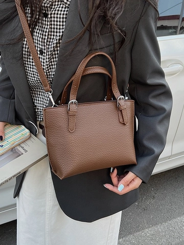 Bucket Bag For Women Vintage PU Leather Lychee Pattern Commuter Solid Color Crossbody Shoulder Bag With Adjustable Strap