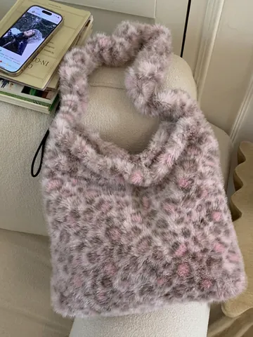 Dames Pluche Luipaard Tijger Print Tote Bag Grote Capaciteit Kunstbont Schoudertas Zachte Lazy Stijl Winter Handtas