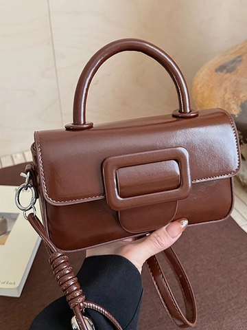 Vintage Glossy PU Leather Small Square Bag For Women Large Buckle Crossbody Shoulder Bag Handbag Office Commuting Fashion Bag