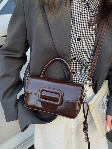Vintage Glossy PU Leather Small Square Bag For Women Large Buckle Crossbody Shoulder Bag Handbag Office Commuting Fashion Bag