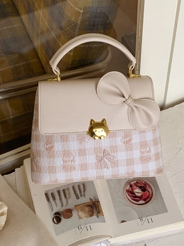 Women Cute Bowknot Plaid Print Crossbody Bag Sweet Cat Buckle Small Square Handbag Casual PU Leather Messenger Daily Bag