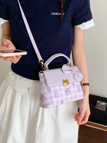 Women Cute Bowknot Plaid Print Crossbody Bag Sweet Cat Buckle Small Square Handbag Casual PU Leather Messenger Daily Bag