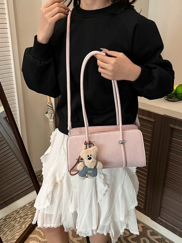 Bolso de Hombro de Cuero Sintético Minimalista para Mujer Moda Color Sólido Rectangular Con Amuleto de Oso