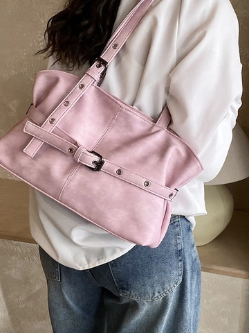 Borsa a Tracolla da Donna in Pelle Sintetica Vintage Grande Capacità Tote Plissettata Decorata con Fibbia Casual