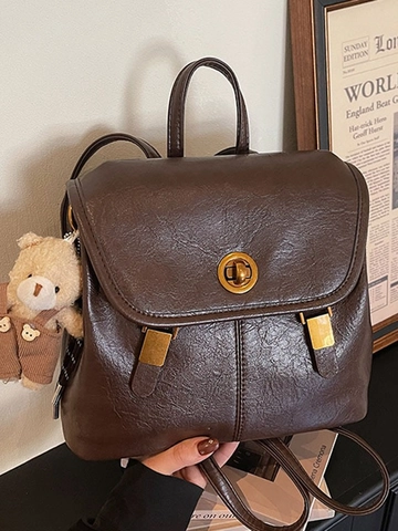 Vintage PU Leather Backpack For Women Large Capacity Casual School Bag Travel Daypack With Cute Bear Charm Retro Rucksack