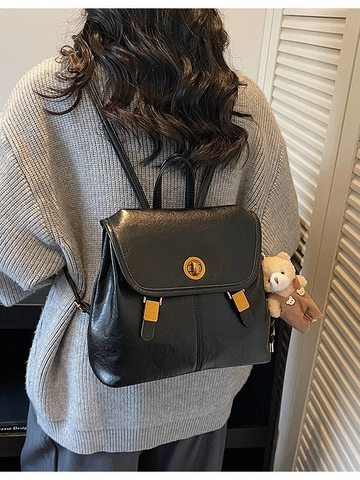 Vintage PU Leather Backpack For Women Large Capacity Casual School Bag Travel Daypack With Cute Bear Charm Retro Rucksack