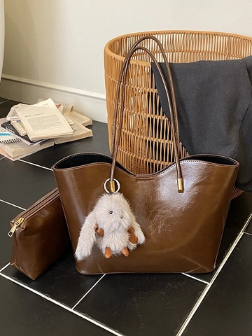 Grand Sac Fourre-tout en Cuir PU pour Femmes Bord Ondulé Minimaliste Sac à Épaule Navette Avec Pendentif Lapin Sac à Main Rétro