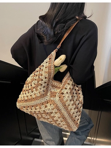 Sac Cabas en Paille Crocheté à la Main de Grande Capacité Style Bohème Ajouré Tissé Sac à Épaule Vacances Plage Shopping Hobo