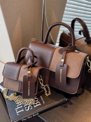 Sac à Bandoulière Vintage en Cuir PU de Couleur Contrastée pour Femmes Sac à Épaule Carré à la Mode avec Poignée Supérieure