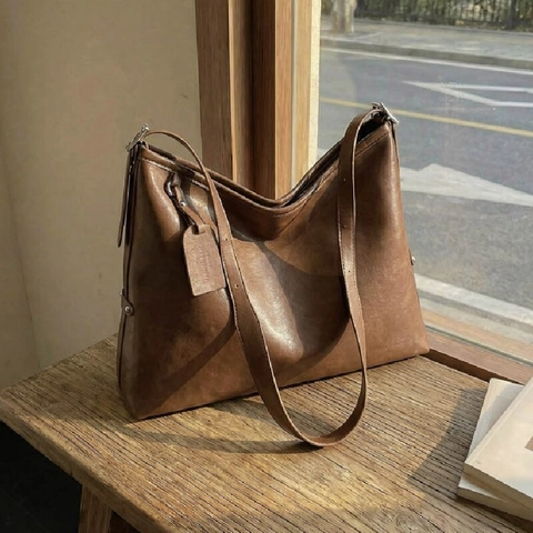 Bolso de Hombro de Cuero Sintético Vintage para Mujer Bolso Tote de Gran Capacidad de Color Sólido Bolso de Diario