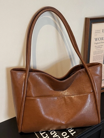 Vintage Women Synthetic Leather Tote Bag Large Capacity Commuter Shoulder Bag Solid Color Casual Office Travel Handbag