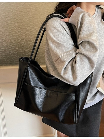 Vintage Women Synthetic Leather Tote Bag Large Capacity Commuter Shoulder Bag Solid Color Casual Office Travel Handbag