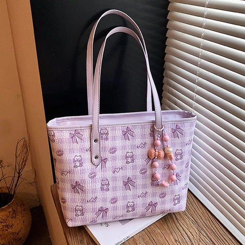 Koreaanse Stijl Grote Capaciteit Geruite Tote Tas Voor Vrouwen Zoete Cartoon Beer Strik Bedrukte Schoudertas Student School Handtas Met Hanger