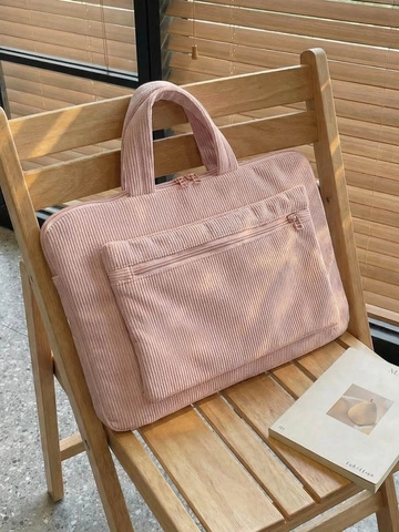 Minimalist Corduroy Laptop Bag For Women Large Capacity Shoulder Tote Handbag With Front Zipper Pocket For Office School