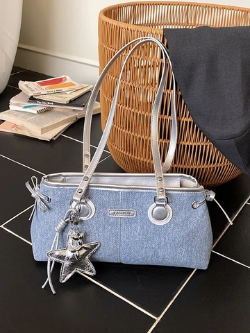 Borsa a Spalla da Donna in Denim e Pelle PU Patchwork Borsa Bowling Sottobraccio alla Moda Con Pendaglio a Stella Retro Borsetta