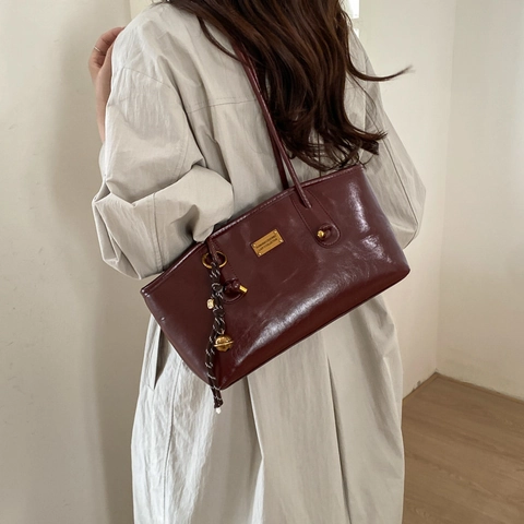 Damen Retro PU Leder Unterarmtasche Vintage Einfarbig Mode Umhängetasche Große Kapazität Pendler Handtasche